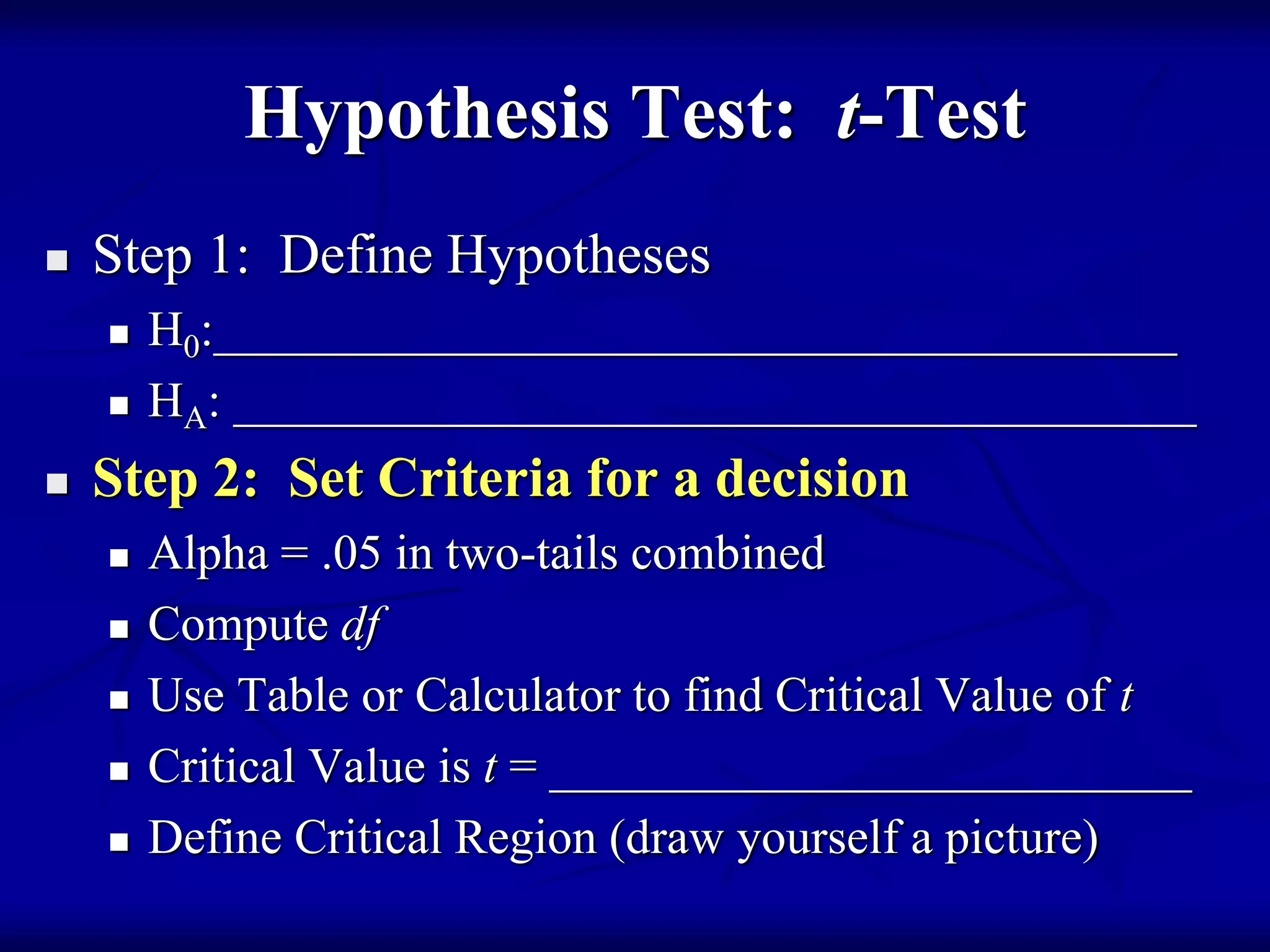 Hypothesis Test: t-Test
 Step 1: Define Hypotheses
 H0:_______________________________________
 HA: _______________________________________
 Step 2: Set Criteria for a decision
 Alpha = .05 in two-tails combined
 Compute df
 Use Table or Calculator to find Critical Value of t
 Critical Value is t = __________________________
 Define Critical Region (draw yourself a picture)
 
