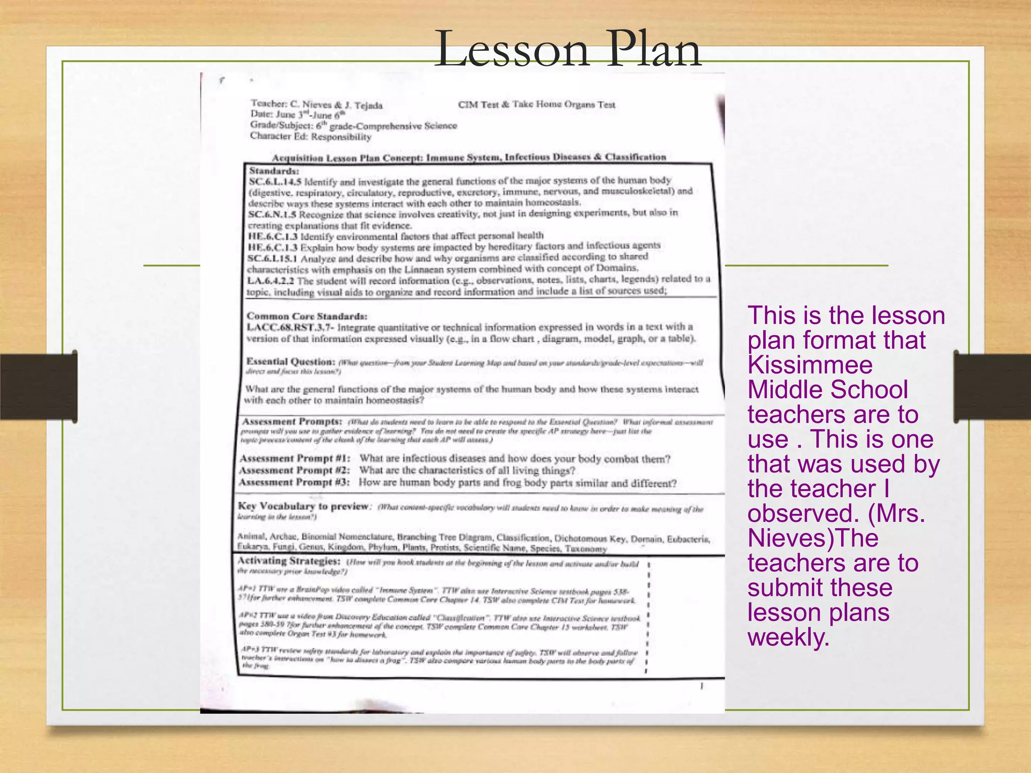 Lesson Plan
This is the lesson
plan format that
Kissimmee
Middle School
teachers are to
use . This is one
that was used by
the teacher I
observed. (Mrs.
Nieves)The
teachers are to
submit these
lesson plans
weekly.
 