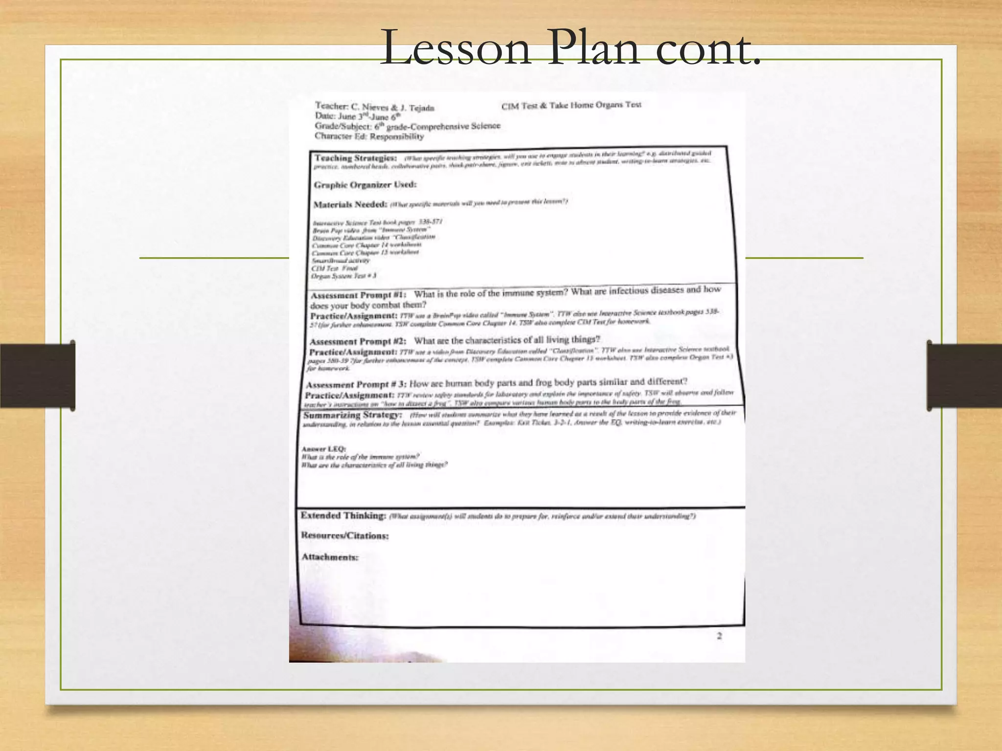 Lesson Plan cont.
 