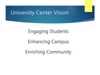 University Center Vision
Engaging Students
Enhancing Campus
Enriching Community
 