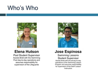 Who’s Who
Elena Hutson
Pool Student Supervisor
Assists Brett with the Swimming
Pool day-to-day operations and
assumes resp...