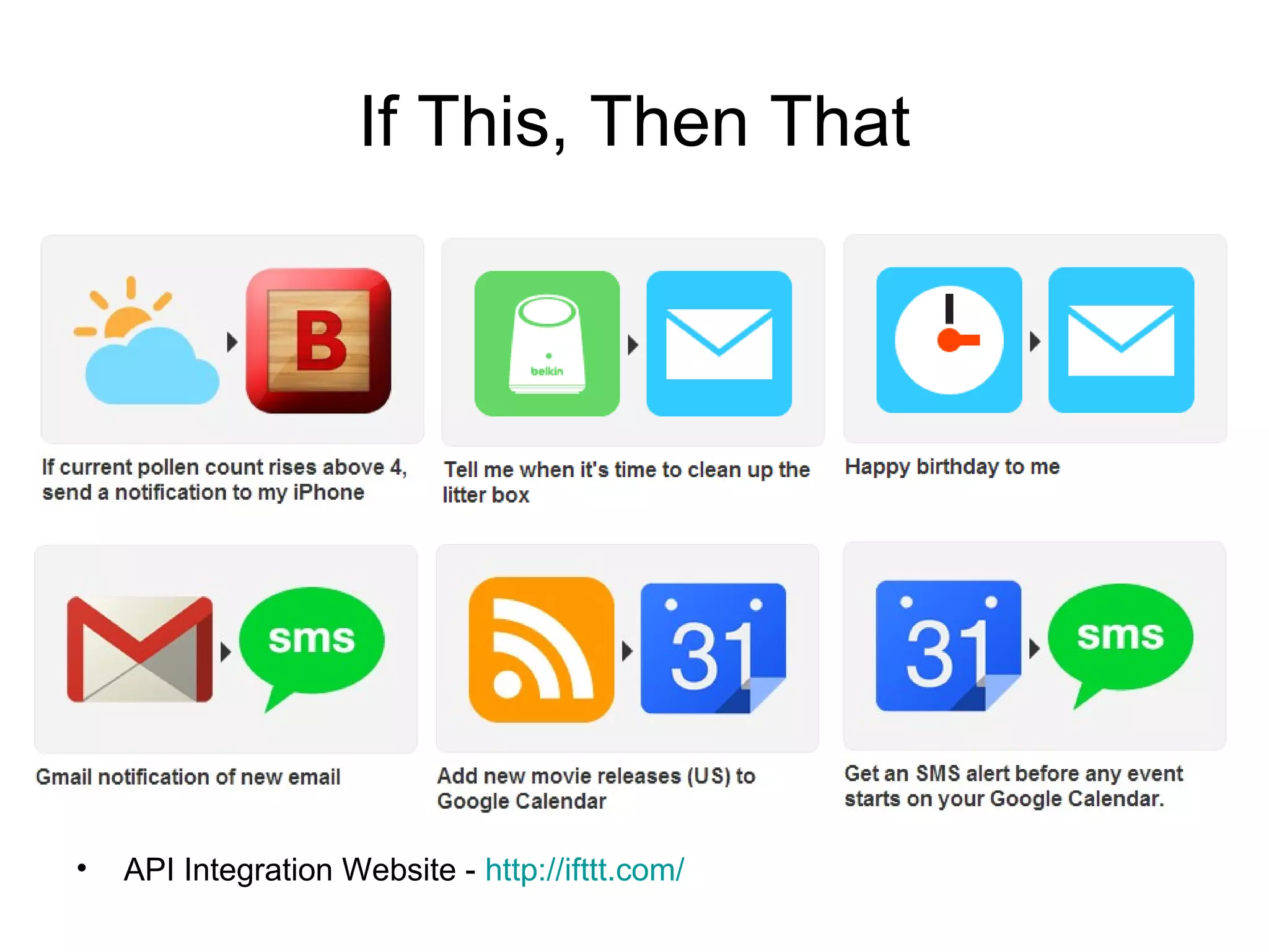 If This, Then That

•

API Integration Website - http://ifttt.com/

 