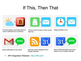 If This, Then That

•

API Integration Website - http://ifttt.com/

 