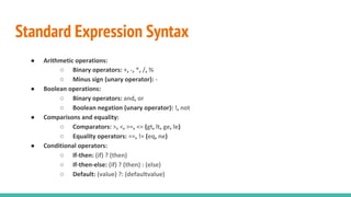 Standard Expression Syntax
● Arithmetic operations:
○ Binary operators: +, -, *, /, %
○ Minus sign (unary operator): -
● Boolean operations:
○ Binary operators: and, or
○ Boolean negation (unary operator): !, not
● Comparisons and equality:
○ Comparators: >, <, >=, <= (gt, lt, ge, le)
○ Equality operators: ==, != (eq, ne)
● Conditional operators:
○ If-then: (if) ? (then)
○ If-then-else: (if) ? (then) : (else)
○ Default: (value) ?: (defaultvalue)
 