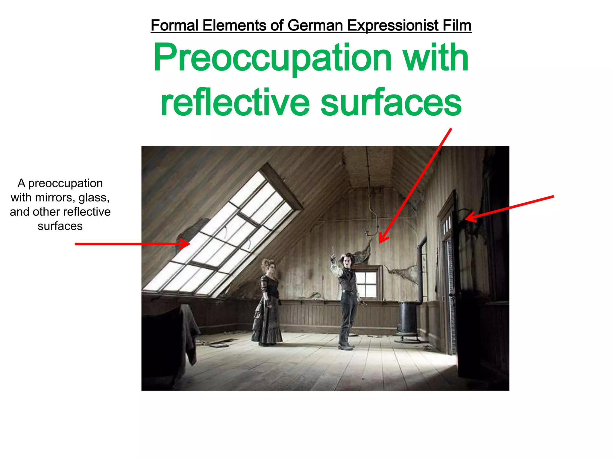A preoccupation
with mirrors, glass,
and other reflective
surfaces
Formal Elements of German Expressionist Film
Preoccupation with
reflective surfaces
 