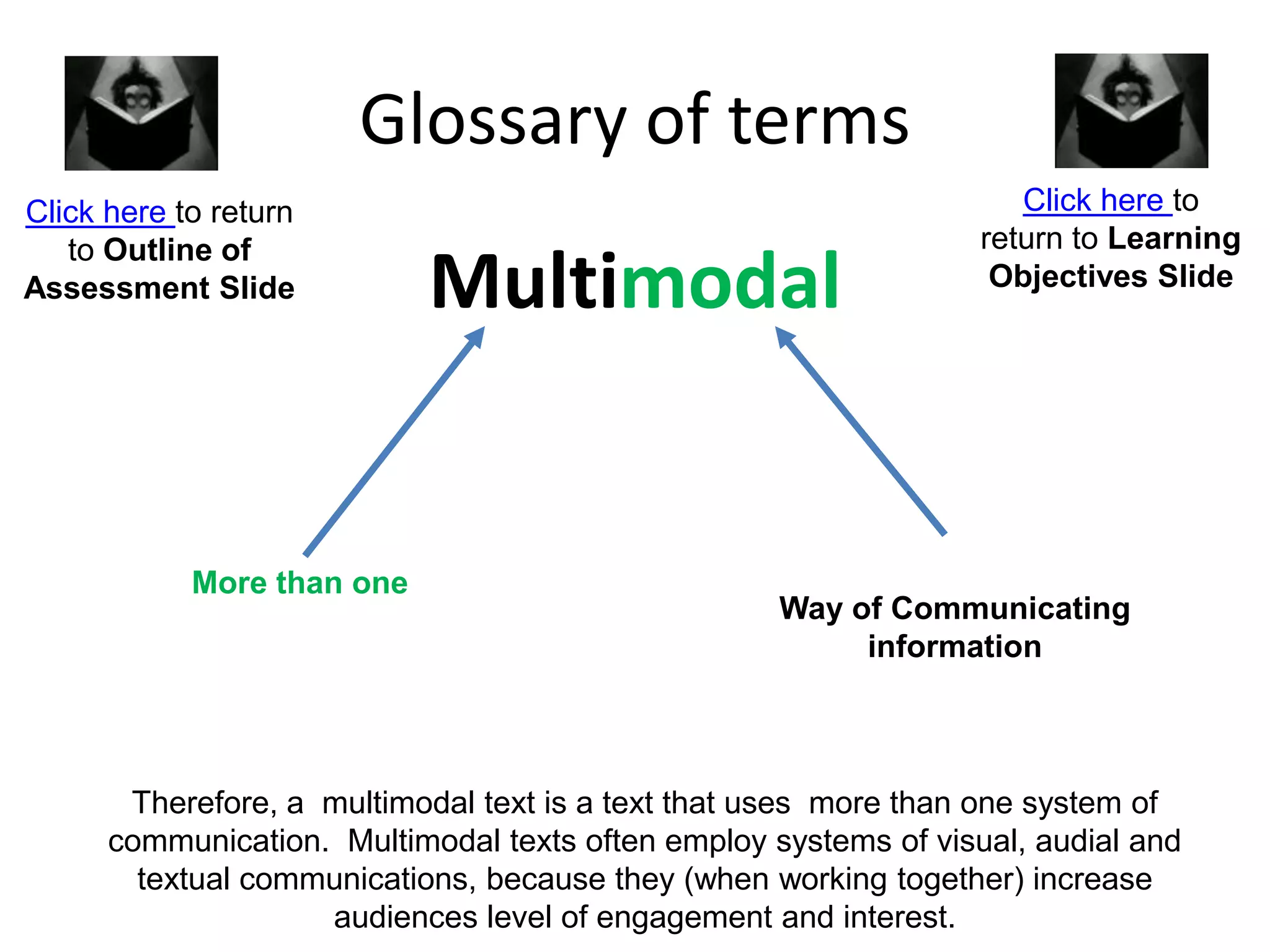 Glossary of terms
Multimodal
More than one
Way of Communicating
information
Therefore, a multimodal text is a text that uses more than one system of
communication. Multimodal texts often employ systems of visual, audial and
textual communications, because they (when working together) increase
audiences level of engagement and interest.
Click here to return
to Outline of
Assessment Slide
Click here to
return to Learning
Objectives Slide
 
