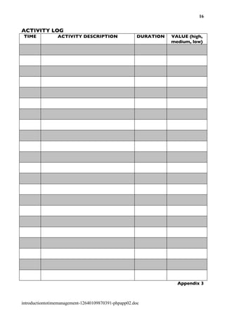 16


ACTIVITY LOG
 TIME            ACTIVITY DESCRIPTION                  DURATION   VALUE (high,
                                                                  medium, low)




                                                                    Appendix 3



introductiontotimemanagement-12640109870391-phpapp02.doc
 