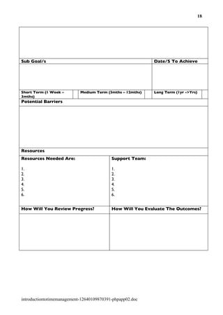 18




Sub Goal/s                                                 Date/S To Achieve




Short Term (1 Week –        Medium Term (3mths – 12mths)   Long Term (1yr ->Yrs)
3mths)
Potential Barriers




Resources
Resources Needed Are:                      Support Team:

1.                                         1.
2.                                         2.
3.                                         3.
4.                                         4.
5.                                         5.
6.                                         6.


How Will You Review Progress?              How Will You Evaluate The Outcomes?




introductiontotimemanagement-12640109870391-phpapp02.doc
 