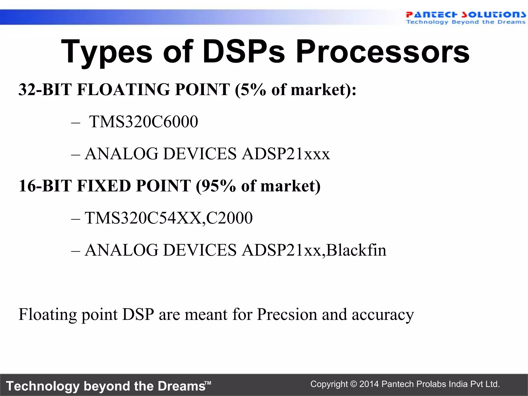 Technology beyond the Dreams™ Copyright © 2014 Pantech Prolabs India Pvt Ltd.
Types of DSPs Processors
32-BIT FLOATING POINT (5% of market):
– TMS320C6000
– ANALOG DEVICES ADSP21xxx
16-BIT FIXED POINT (95% of market)
– TMS320C54XX,C2000
– ANALOG DEVICES ADSP21xx,Blackfin
Floating point DSP are meant for Precsion and accuracy
 