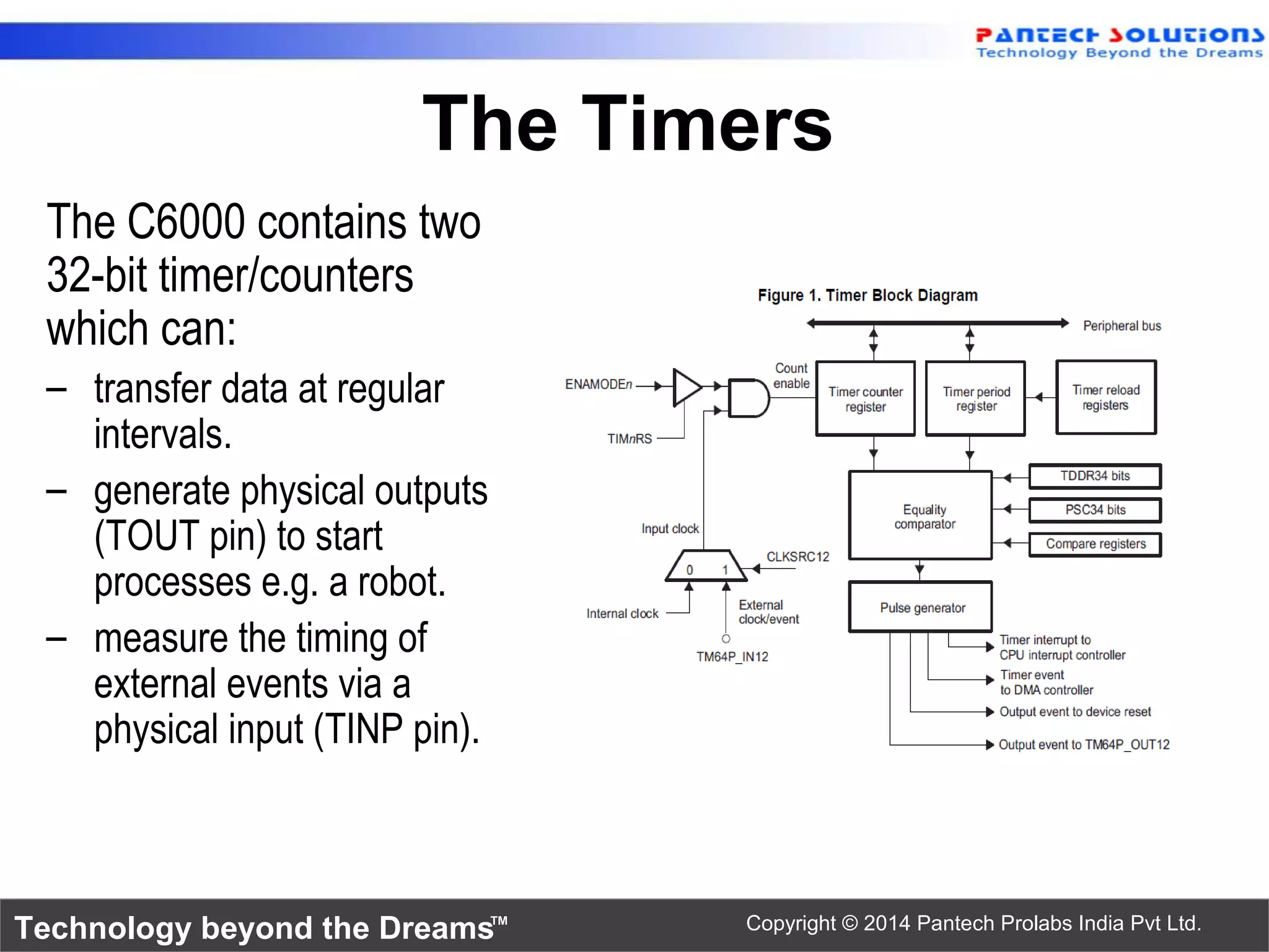 Technology beyond the Dreams™ Copyright © 2014 Pantech Prolabs India Pvt Ltd.
The Timers
• The C6000 contains two
32-bit timer/counters
which can:
– transfer data at regular
intervals.
– generate physical outputs
(TOUT pin) to start
processes e.g. a robot.
– measure the timing of
external events via a
physical input (TINP pin).
 