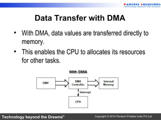 Technology beyond the Dreams™ Copyright © 2014 Pantech Prolabs India Pvt Ltd.
Data Transfer with DMA
• With DMA, data values are transferred directly to
memory.
• This enables the CPU to allocates its resources
for other tasks.
 