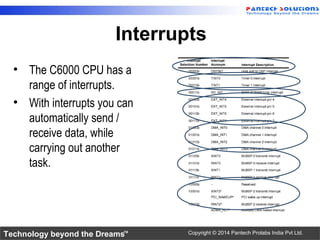 Technology beyond the Dreams™ Copyright © 2014 Pantech Prolabs India Pvt Ltd.
Interrupts
• The C6000 CPU has a
range of interrupts.
• With interrupts you can
automatically send /
receive data, while
carrying out another
task.
 