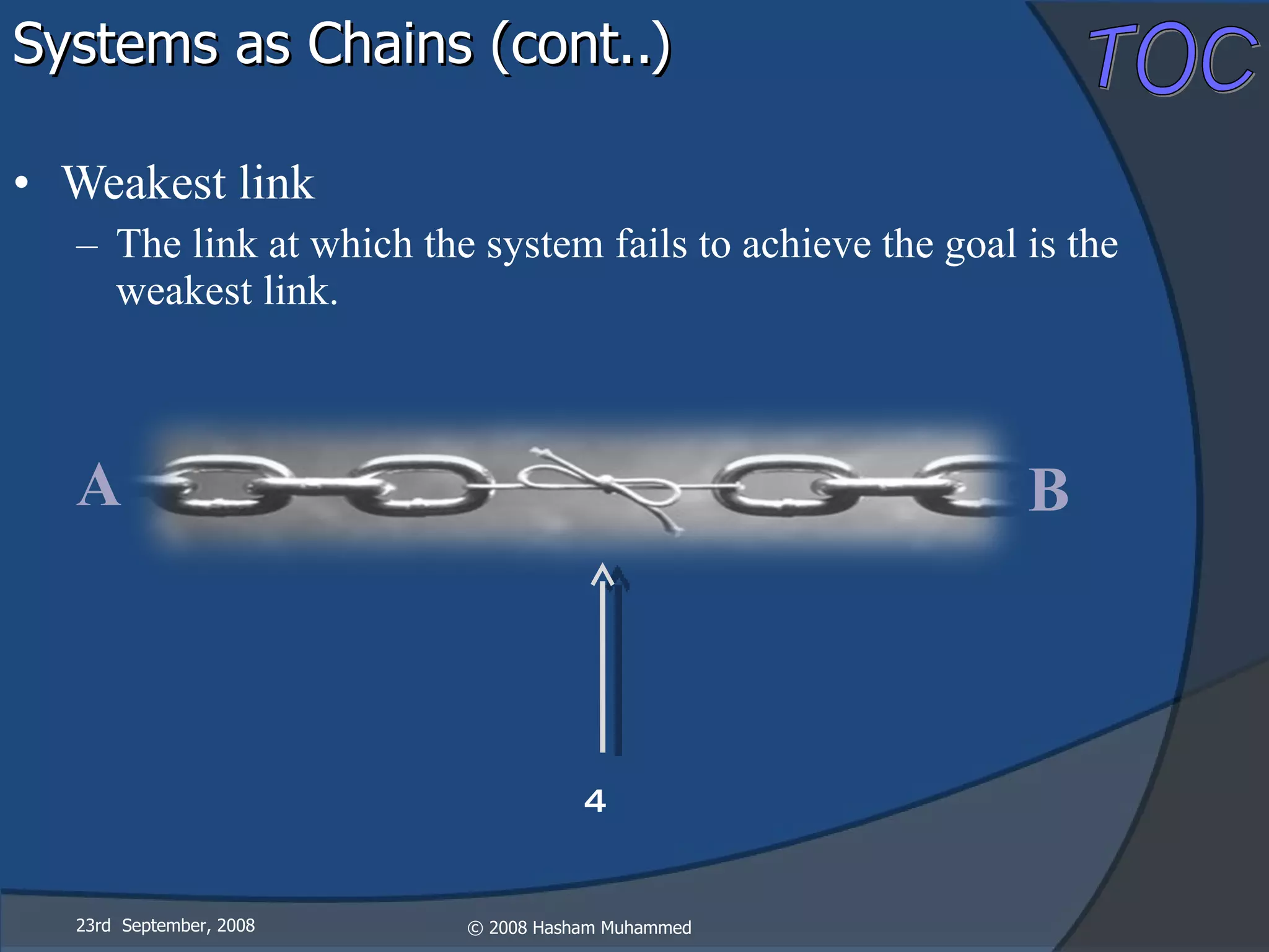 Systems as Chains (cont..) Weakest link The link at which the system fails to achieve the goal is the weakest link. 23rd  September, 2008 A B 4 