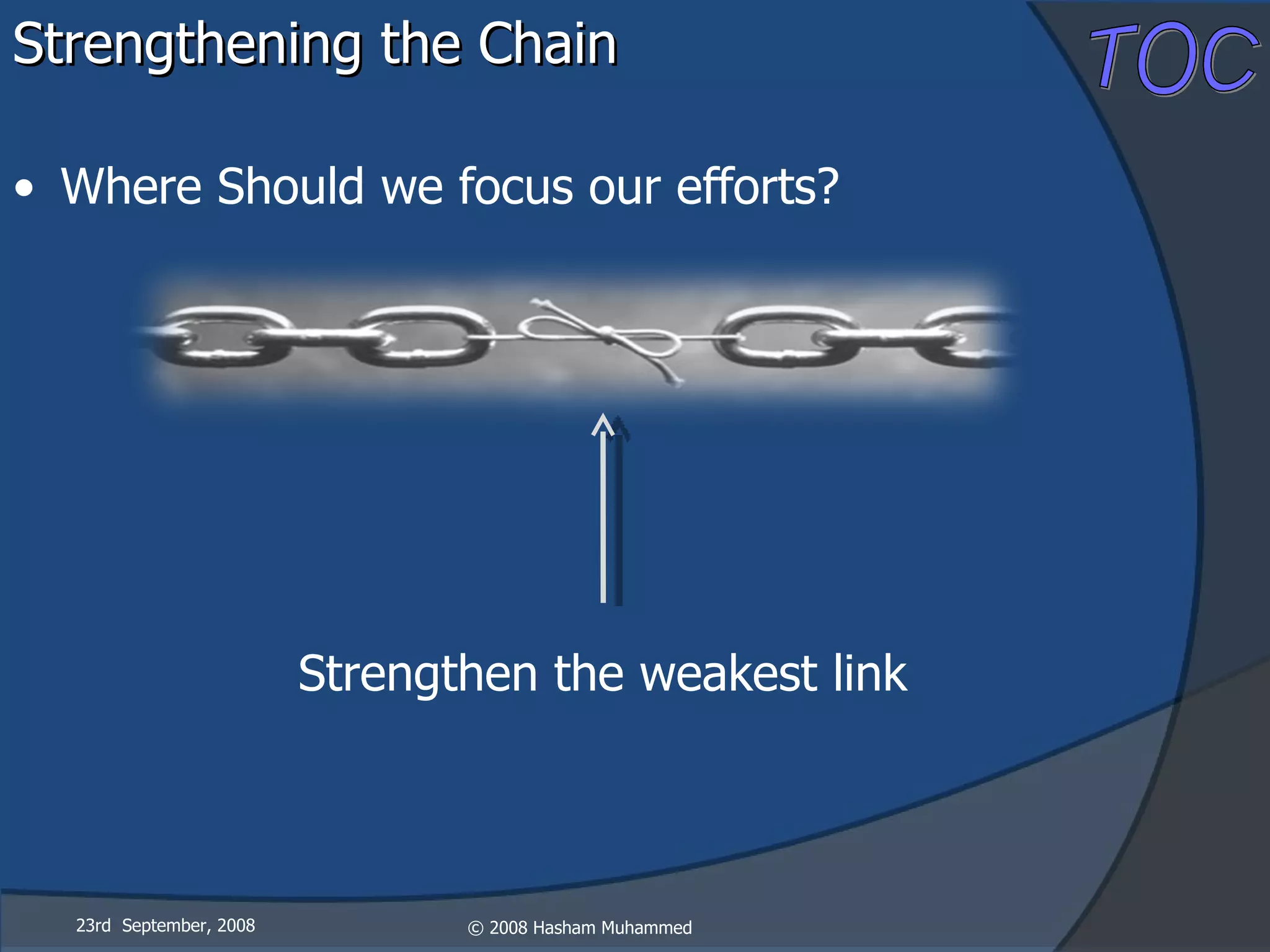Strengthening the Chain Where Should we focus our efforts? 23rd  September, 2008 Strengthen the weakest link 