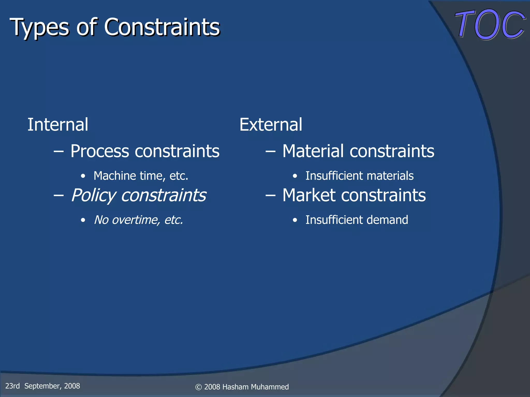 Types of Constraints Internal External Process constraints Machine time, etc. Policy constraints No overtime, etc. Material constraints Insufficient materials Market constraints Insufficient demand 23rd  September, 2008 