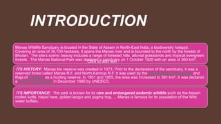 INTRODUCTION
Manas Wildlife Sanctuary is located in the State of Assam in North-East India, a biodiversity hotspot.
Covering an area of 39,100 hectares, it spans the Manas river and is bounded to the north by the forests of
Bhutan. The site’s scenic beauty includes a range of forested hills, alluvial grasslands and tropical evergreen
forests. The Manas National Park was declared a sanctuary on 1 October 1928 with an area of 360 km2.
ITS HISTORY: Manas bio reserve was created in 1973. Prior to the declaration of the sanctuary, it was a
reserved forest called Manas R.F. and North Kamrup R.F. It was used by the Cooch Behar royal family and
Raja of Gauripur as a hunting reserve. In 1951 and 1955, the area was increased to 391 km2. It was declared
a World Heritage Site in December 1985 by UNESCO.
ITS IMPORTANCE: The park is known for its rare and endangered endemic wildlife such as the Assam
roofed turtle, hispid hare, golden langur and pygmy hog. ... Manas is famous for its population of the Wild
water buffalo.
Click to add text
 