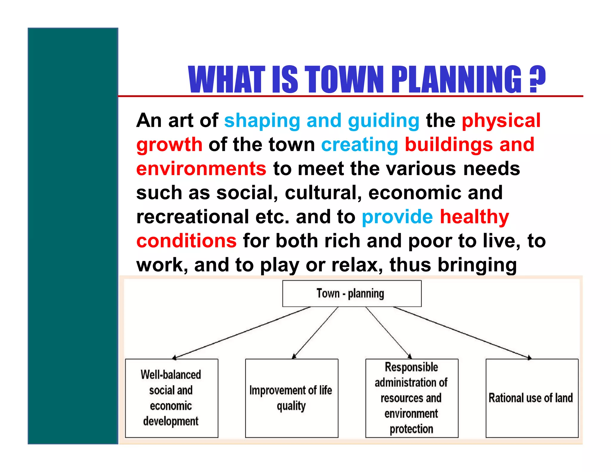 WHAT IS TOWN PLANNING ?
An art of shaping and guiding the physical
growth of the town creating buildings and
environments to meet the various needs
such as social, cultural, economic and
recreational etc. and to provide healthy
conditions for both rich and poor to live, to
work, and to play or relax, thus bringing
about the social and economic well-being
for the majority of mankind.
 