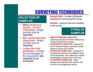 SURVEYING TECHNIQUES
                         Sample Size – number of persons
SELECTION OF             selected for conducting the survey
SAMPLES
                         Sample – persons that are included
• More disastrous        in the survey
  results - of poor
  information, larger                             TYPES OF
  sample size is                                  SAMPLES
  required.
• For varied expected   • SIMPLE RANDOM SAMPLING -
                          selecting samples at random without any
  responses - larger      criteria to select the samples
  sample size is        • SYSTEMATIC SAMPLING -selection of
  required.               the Kth element along a particular street,
• Larger the total        where k can be any number
  population, smaller   • STRATIFIED SAMPLING - making of a
  the percentage of       homogenous listing of the different sects
  the population are      of the population and collecting a certain
                          percentage at random from each sect
  required to be        • CLUSTERED SAMPLING - when
  surveyed.               samples are selected from clusters and
                          not from a homogeneous listing
 