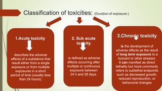 Classification of toxicities: (Duration of exposure:)
1.Acute toxicity
describes the adverse
effects of a substance that
result either from a single
exposure or from multiple
exposures in a short
period of time (usually less
than 24 hours).
3.Chronic toxicity
is the development of
adverse effects as the result
of long term exposure to a
toxicant or other stressor.
It can manifest as direct
lethality but more commonly
refers to sublethal endpoints
such as decreased growth,
reduced reproduction, or
behavioral changes
2. Sub acute
toxicity
is defined as adverse
effects occurring after
multiple or continuous
exposure between
24 h and 28 days.
 