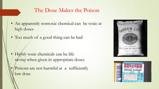 The Dose Makes the Poison
• An apparently nontoxic chemical can be toxic at
high doses
• Too much of a good thing can be bad
• Highly toxic chemicals can be life
saving when given in appropriate doses
• Poisons are not harmful at a sufficiently
low dose
 