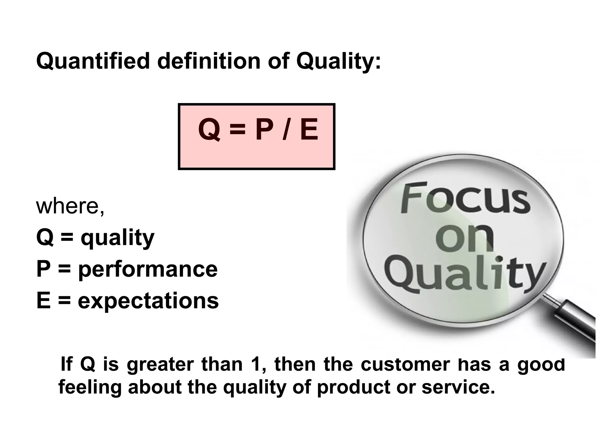 Quantified definition of Quality:


                Q=P/E

where,
Q = quality
P = performance
E = expectations

  If Q is greater than 1, then the customer has a good
  feeling about the quality of product or service.
 