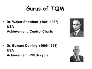 Gurus of TQM

• Dr. Walter Shewhart (1891-1967)
  USA
  Achievement: Control Charts



• Dr. Edward Deming (1900-1993)
  USA
  Achievement: PDCA cycle
 