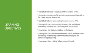 LEARNING
OBJECTIVES
Identify the broad objectives of transaction cycles.
Recognize the types of transactions processed by each of
the three transaction cycles.
Identify the basic accounting records used in TPS.
Distinguish the relationship between the traditional
accounting records and their magnetic equivalents.
Enumerate the documentation techniques.
Distinguish the differences between batch and real-time
processing and the impact of these technologies on
transaction processing.
Enumerate data coding schemes used in AIS.
 