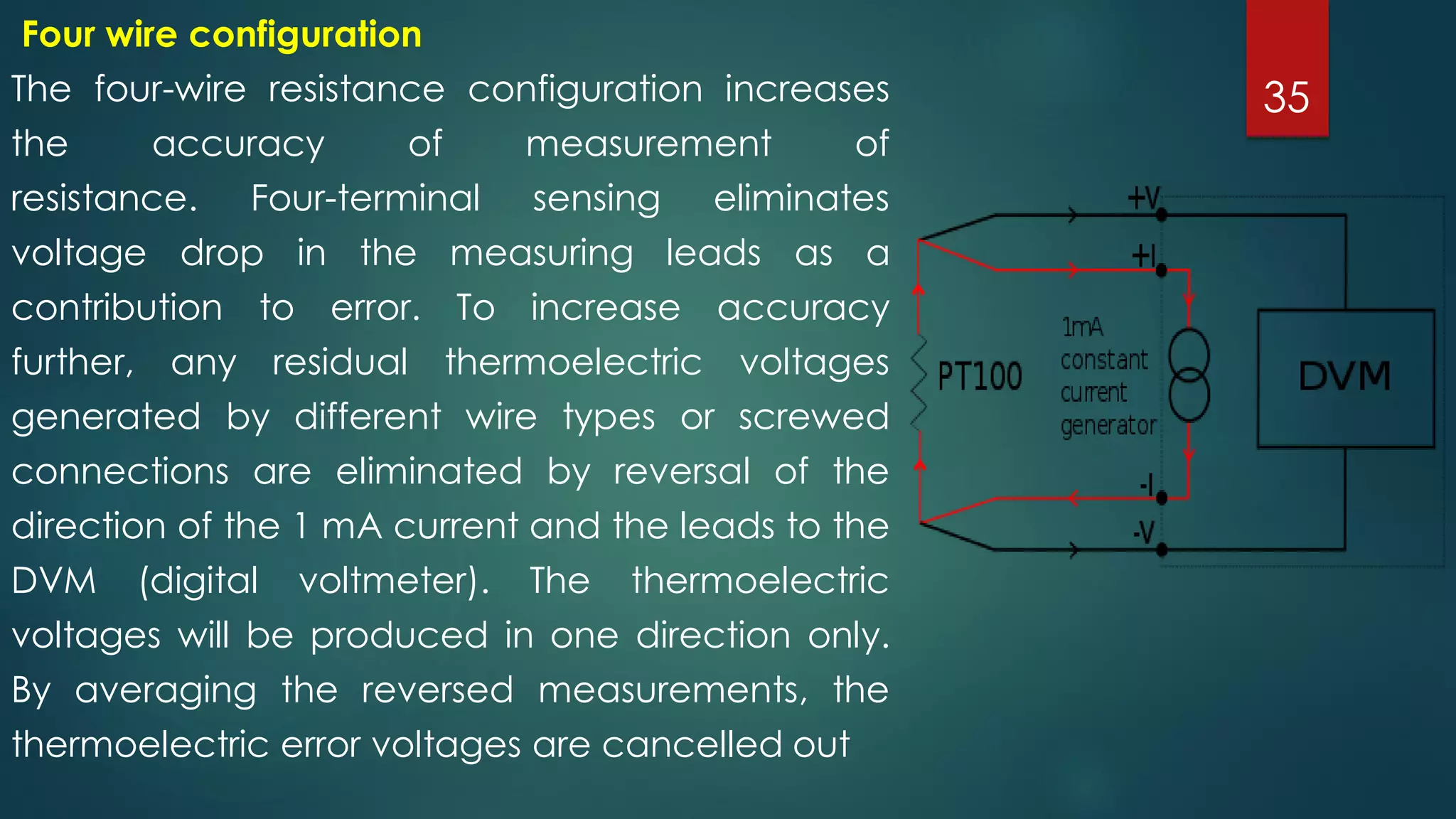 Four wire configuration
The four-wire resistance configuration increases
the accuracy of measurement of
resistance. Four-terminal sensing eliminates
voltage drop in the measuring leads as a
contribution to error. To increase accuracy
further, any residual thermoelectric voltages
generated by different wire types or screwed
connections are eliminated by reversal of the
direction of the 1 mA current and the leads to the
DVM (digital voltmeter). The thermoelectric
voltages will be produced in one direction only.
By averaging the reversed measurements, the
thermoelectric error voltages are cancelled out
35
 