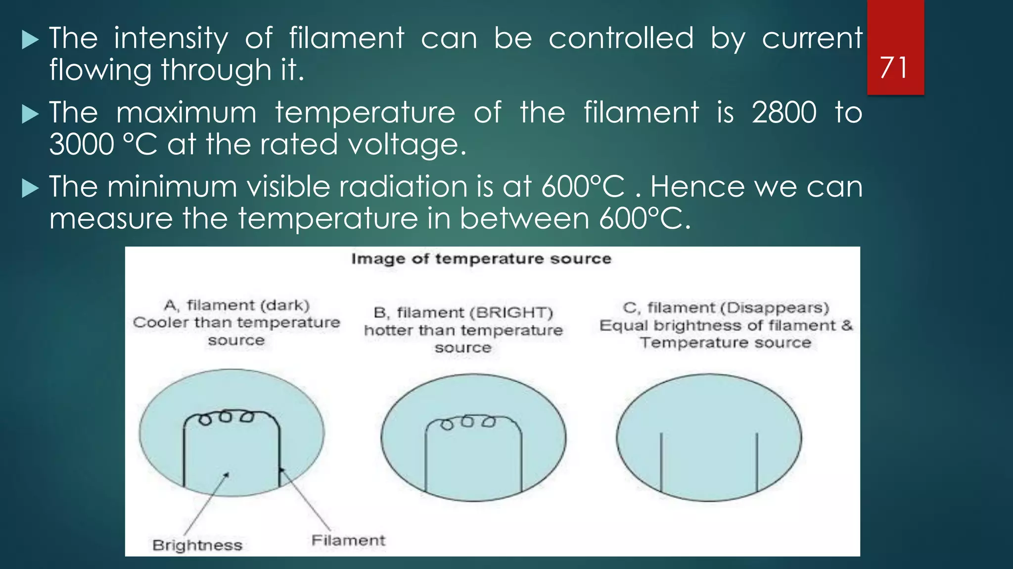  The intensity of filament can be controlled by current
flowing through it.
 The maximum temperature of the filament is 2800 to
3000 °C at the rated voltage.
 The minimum visible radiation is at 600°C . Hence we can
measure the temperature in between 600°C.
71
 