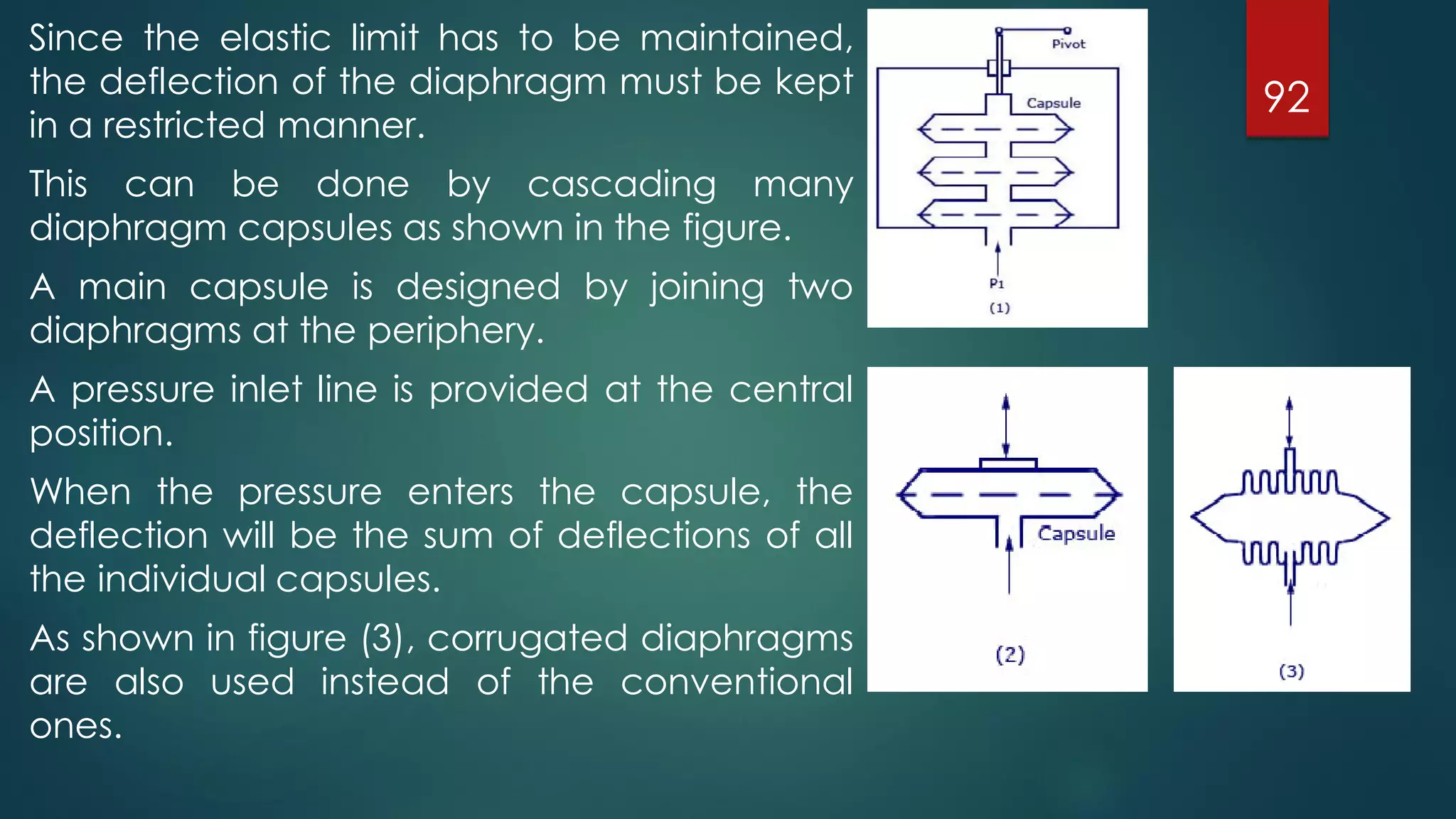 92
Since the elastic limit has to be maintained,
the deflection of the diaphragm must be kept
in a restricted manner.
This can be done by cascading many
diaphragm capsules as shown in the figure.
A main capsule is designed by joining two
diaphragms at the periphery.
A pressure inlet line is provided at the central
position.
When the pressure enters the capsule, the
deflection will be the sum of deflections of all
the individual capsules.
As shown in figure (3), corrugated diaphragms
are also used instead of the conventional
ones.
 