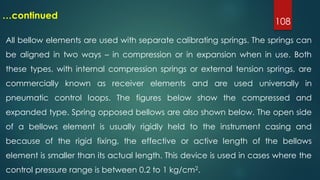 108
…continued
All bellow elements are used with separate calibrating springs. The springs can
be aligned in two ways – in compression or in expansion when in use. Both
these types, with internal compression springs or external tension springs, are
commercially known as receiver elements and are used universally in
pneumatic control loops. The figures below show the compressed and
expanded type. Spring opposed bellows are also shown below. The open side
of a bellows element is usually rigidly held to the instrument casing and
because of the rigid fixing, the effective or active length of the bellows
element is smaller than its actual length. This device is used in cases where the
control pressure range is between 0.2 to 1 kg/cm2.
 