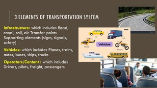 3 ELEMENTS OF TRANSPORTATION SYSTEM
Infrastructure: which includes Road,
canal, rail, air Transfer points
Supporting elements (signs, signals,
safety)
Vehicles: which includes Planes, trains,
autos, buses, ships, trucks
Operators/Content : which includes
Drivers, pilots, freight, passengers
 