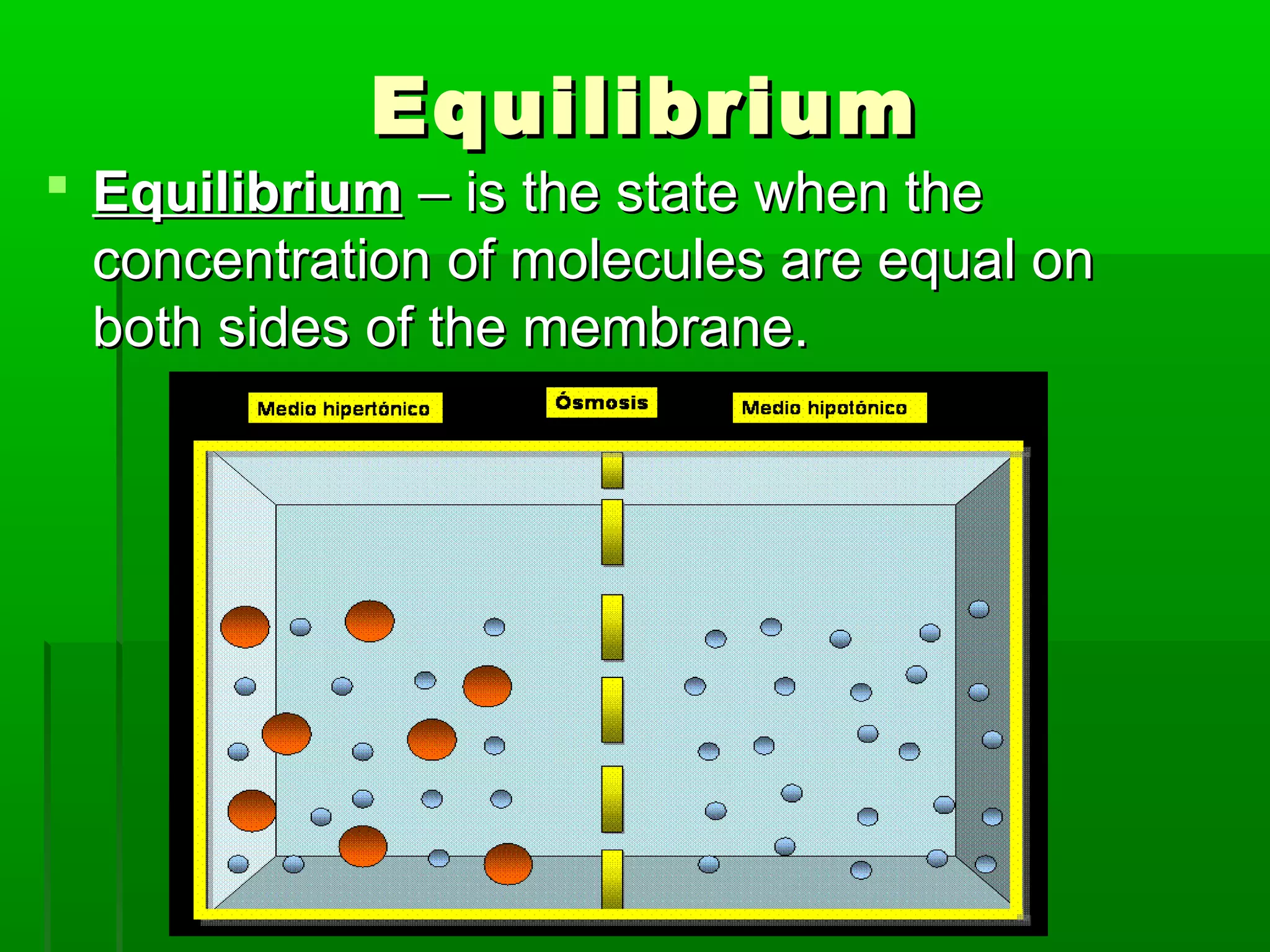 EquilibriumEquilibrium
 EquilibriumEquilibrium – is the state when the– is the state when the
concentration of molecules are equal onconcentration of molecules are equal on
both sides of the membrane.both sides of the membrane.
 