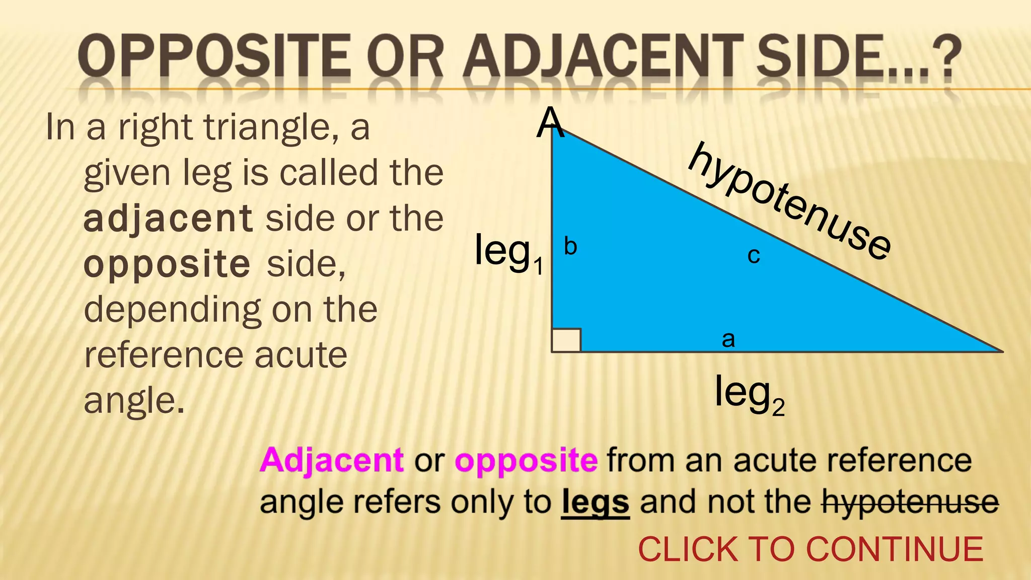 A
In a right triangle, a
given leg is called the
adjacent side or the
leg1 b
opposite side,
depending on the
reference acute
angle.

hyp
o te
nus
e
c
a

leg2

CLICK TO CONTINUE

 