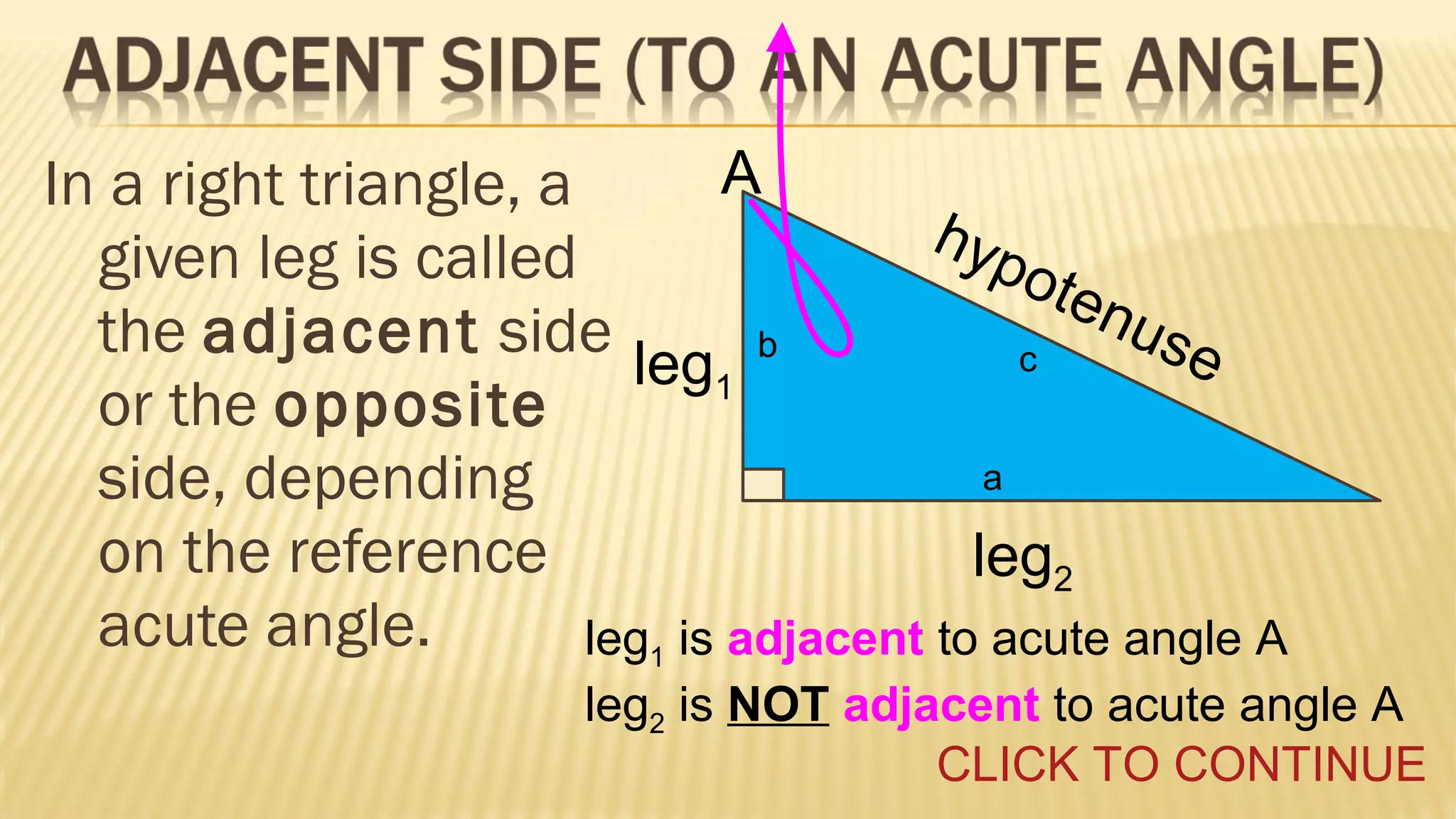 A
In a right triangle, a
hyp
given leg is called
o te
nus
the adjacent side
e
c
leg1 b
or the opposite
a
side, depending
on the reference
leg2
acute angle.
leg1 is adjacent to acute angle A
leg2 is NOT adjacent to acute angle A
CLICK TO CONTINUE

 