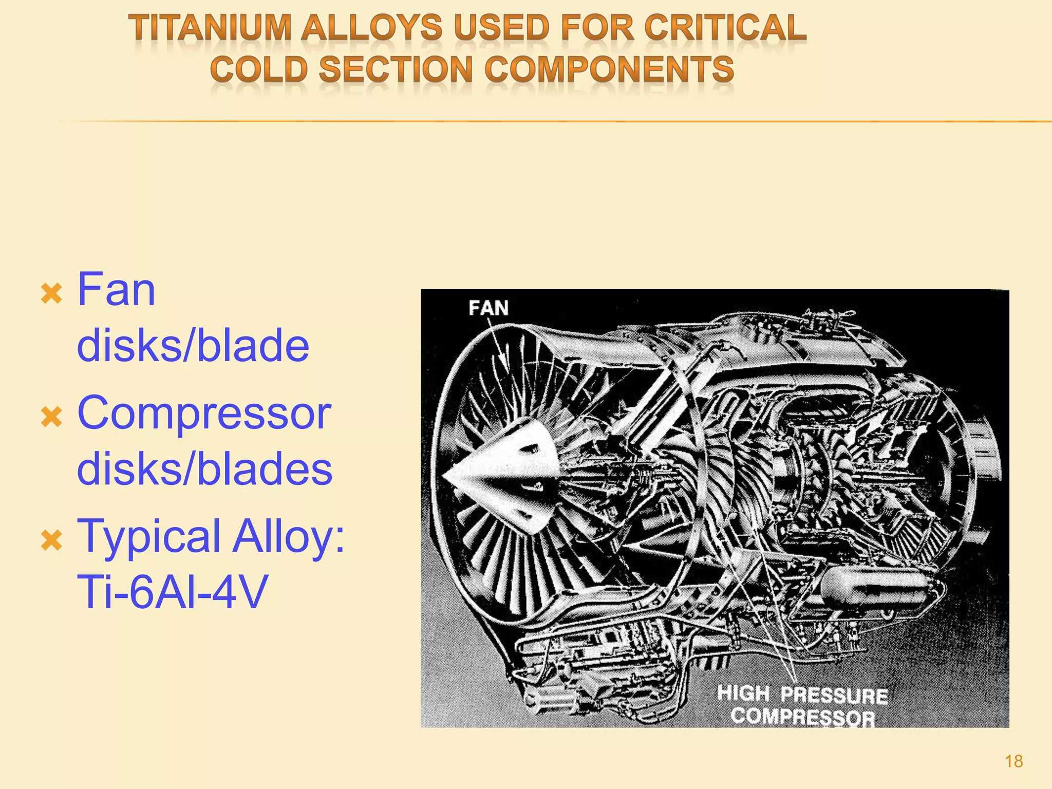  Fan
disks/blade
 Compressor
disks/blades
 Typical Alloy:
Ti-6Al-4V
18
 