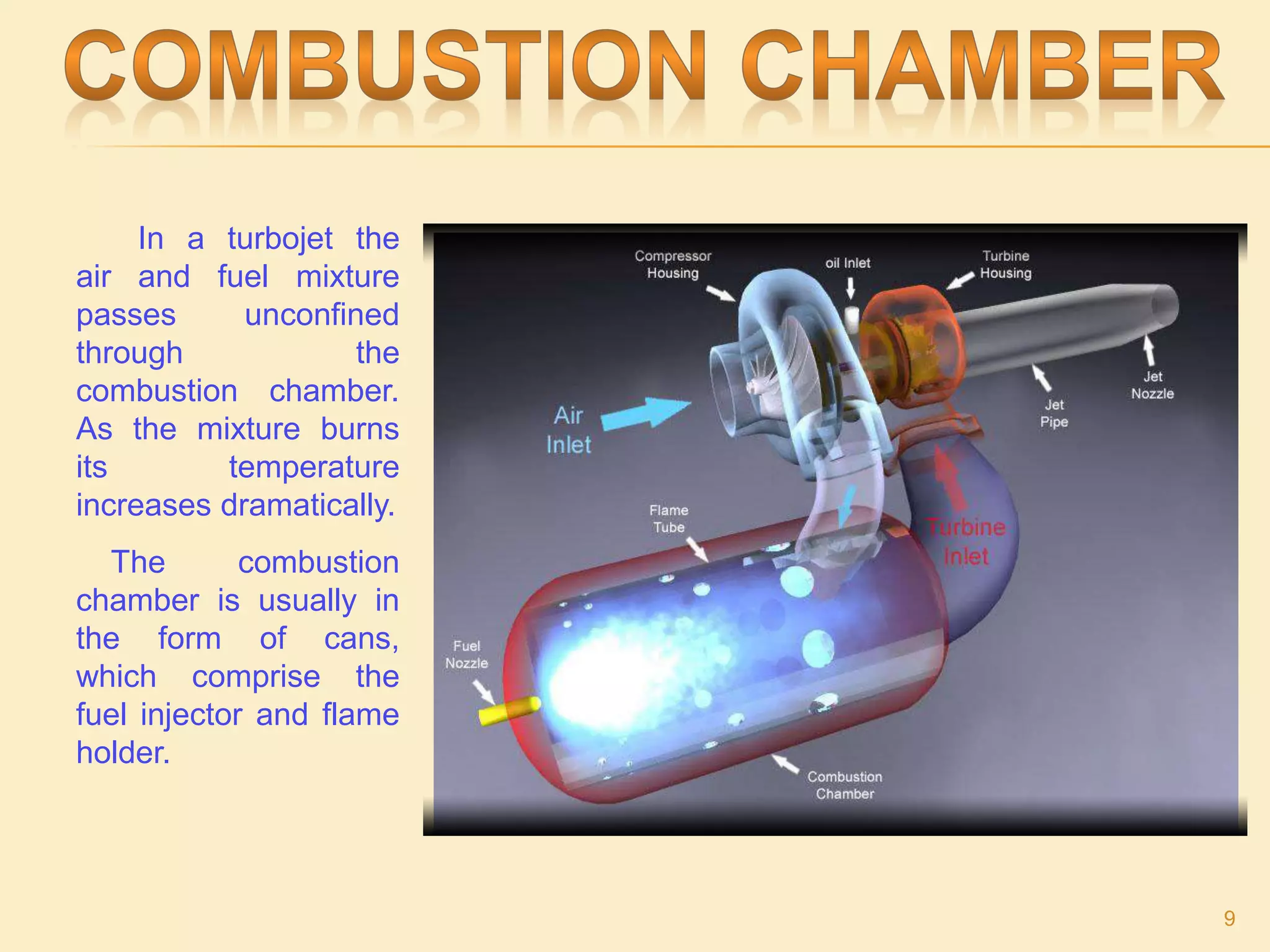 In a turbojet the
air and fuel mixture
passes unconfined
through the
combustion chamber.
As the mixture burns
its temperature
increases dramatically.
The combustion
chamber is usually in
the form of cans,
which comprise the
fuel injector and flame
holder.
9
 