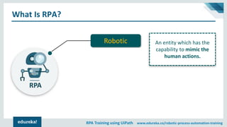 RPA Training using UiPath www.edureka.co/robotic-process-automation-training
What Is RPA?
RPA
Robotic An entity which has the
capability to mimic the
human actions.
 