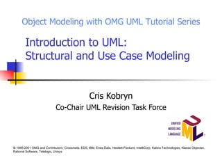 Introduction to UML: Structural and Use Case Modeling Cris Kobryn Co-Chair UML Revision Task Force Object Modeling with OMG UML Tutorial Series ©  1999-2001 OMG and Contributors: Crossmeta, EDS, IBM, Enea Data, Hewlett-Packard, IntelliCorp, Kabira Technologies, Klasse Objecten, Rational Software, Telelogic, Unisys 