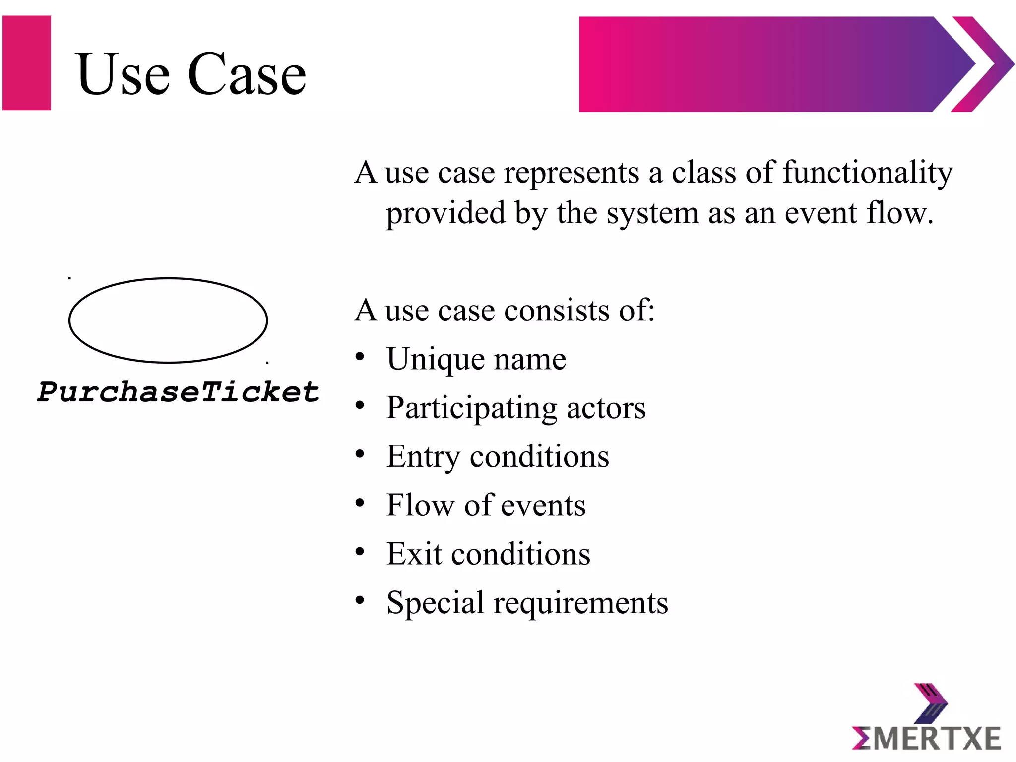 Use Case
A use case represents a class of functionality
provided by the system as an event flow.
A use case consists of:
• Unique name
• Participating actors
• Entry conditions
• Flow of events
• Exit conditions
• Special requirements
PurchaseTicket
 