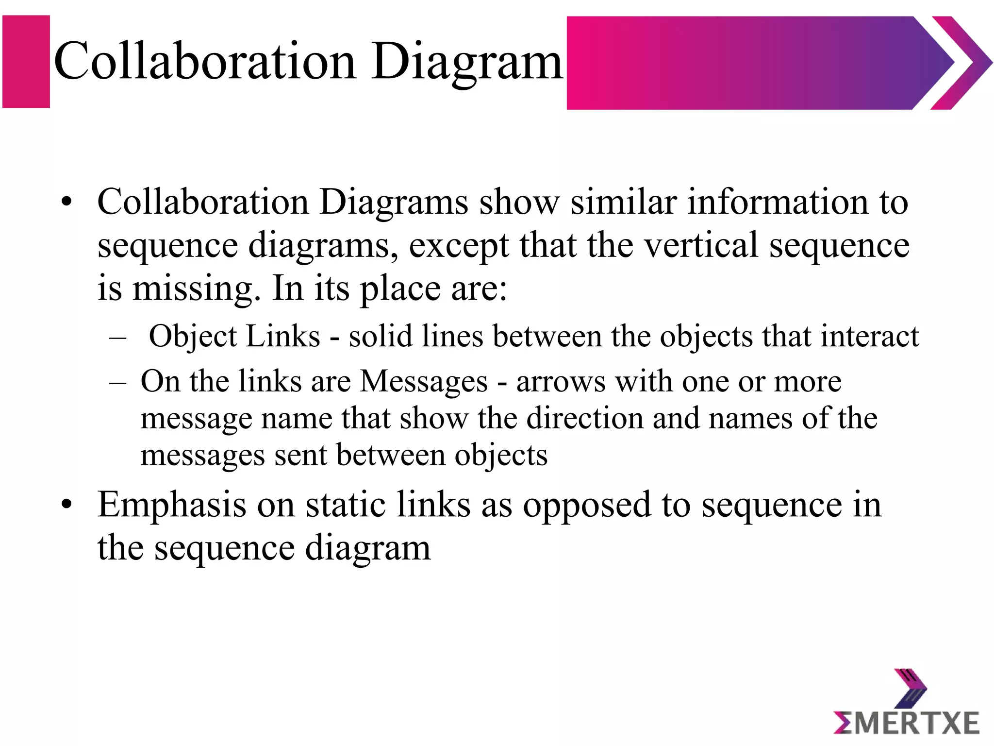 Collaboration Diagram
• Collaboration Diagrams show similar information to
sequence diagrams, except that the vertical sequence
is missing. In its place are:
– Object Links - solid lines between the objects that interact
– On the links are Messages - arrows with one or more
message name that show the direction and names of the
messages sent between objects
• Emphasis on static links as opposed to sequence in
the sequence diagram
 