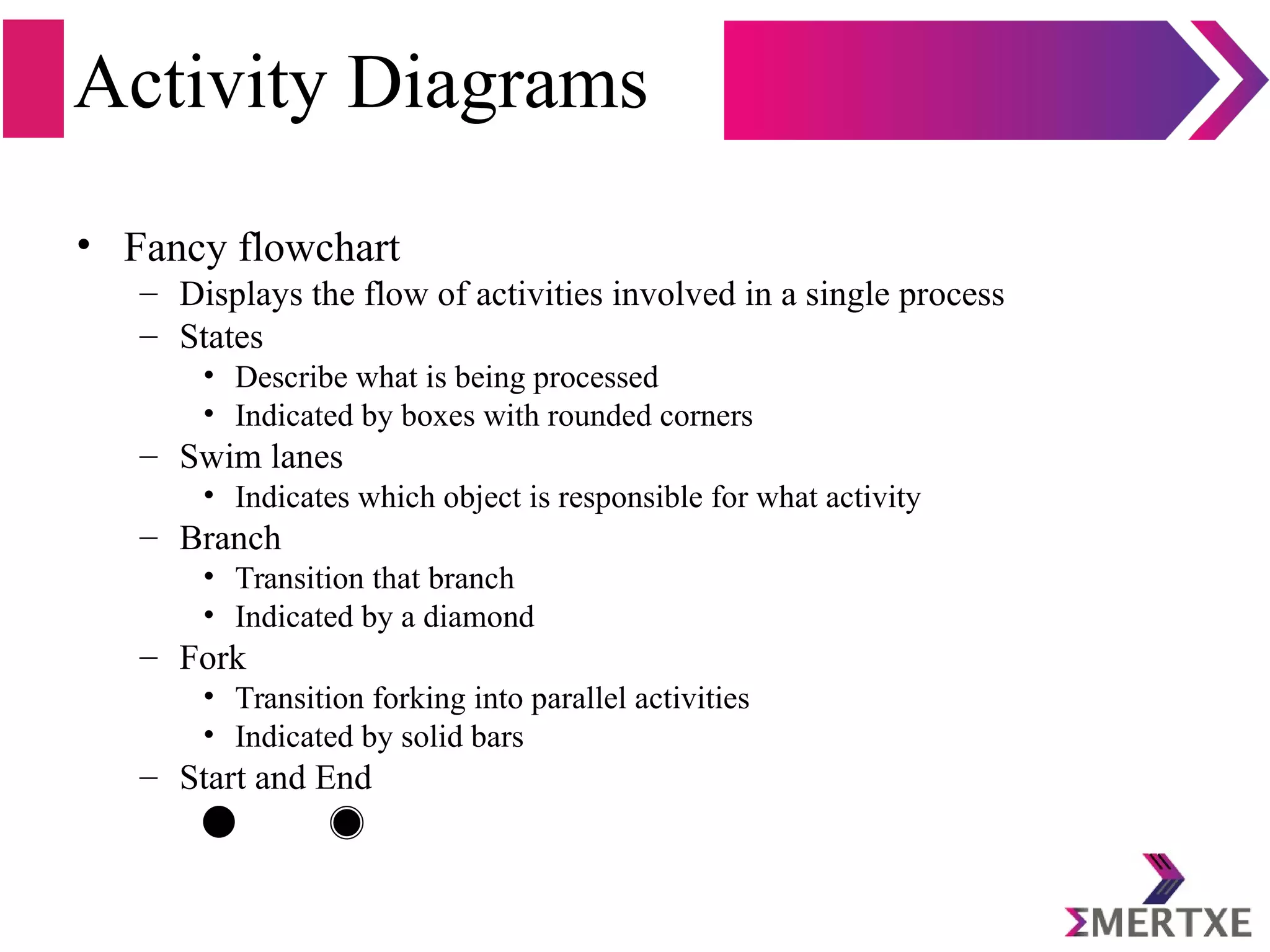 Activity Diagrams
• Fancy flowchart
– Displays the flow of activities involved in a single process
– States
• Describe what is being processed
• Indicated by boxes with rounded corners
– Swim lanes
• Indicates which object is responsible for what activity
– Branch
• Transition that branch
• Indicated by a diamond
– Fork
• Transition forking into parallel activities
• Indicated by solid bars
– Start and End
 