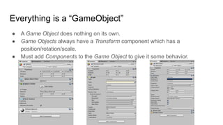 Everything is a “GameObject”
● A Game Object does nothing on its own.
● Game Objects always have a Transform component which has a
position/rotation/scale.
● Must add Components to the Game Object to give it some behavior.
 