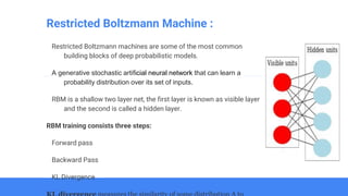 Restricted Boltzmann Machine :
Restricted Boltzmann machines are some of the most common
building blocks of deep probabilistic models.
A generative stochastic artificial neural network that can learn a
probability distribution over its set of inputs.
RBM is a shallow two layer net, the first layer is known as visible layer
and the second is called a hidden layer.
RBM training consists three steps:
Forward pass
Backward Pass
KL Divergence
 