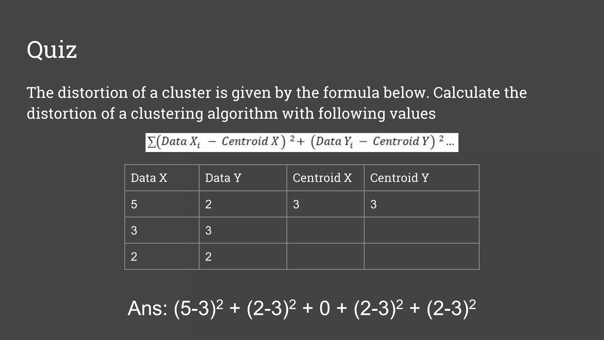 Quiz The distortion of a cluster is given by the formula below. Calculate the distortion of a clustering algorithm with following values Data X Data Y Centroid X Centroid Y 5 2 3 3 3 3 2 2 Ans: (5-3)2 + (2-3)2 + 0 + (2-3)2 + (2-3)2Ans: (5-3)2 + (2-3)2 + 0 + (2-3)2 + (2-3)2 