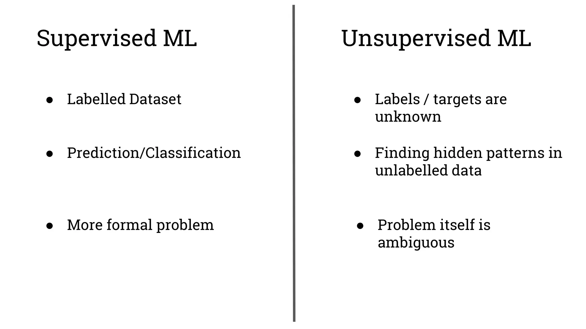 Supervised ML ● Labelled Dataset Unsupervised ML ● Prediction/Classification ● More formal problem ● Labels / targets are unknown ● Finding hidden patterns in unlabelled data ● Problem itself is ambiguous 