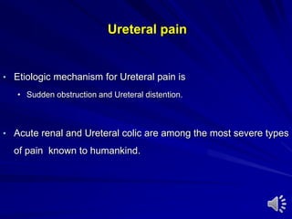 Ureteral pain
• Etiologic mechanism for Ureteral pain is
• Sudden obstruction and Ureteral distention.
• Acute renal and Ureteral colic are among the most severe types
of pain known to humankind.
 