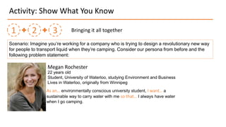 Activity: Show What You Know
1 2 3 Bringing it all together
Scenario: Imagine you’re working for a company who is trying to design a revolutionary new way
for people to transport liquid when they’re camping. Consider our persona from before and the
following problem statement:
Megan Rochester
22 years old
Student, University of Waterloo, studying Environment and Business
Lives in Waterloo, originally from Winnipeg
As an… environmentally conscious university student, I want… a
sustainable way to carry water with me so that… I always have water
when I go camping.
 