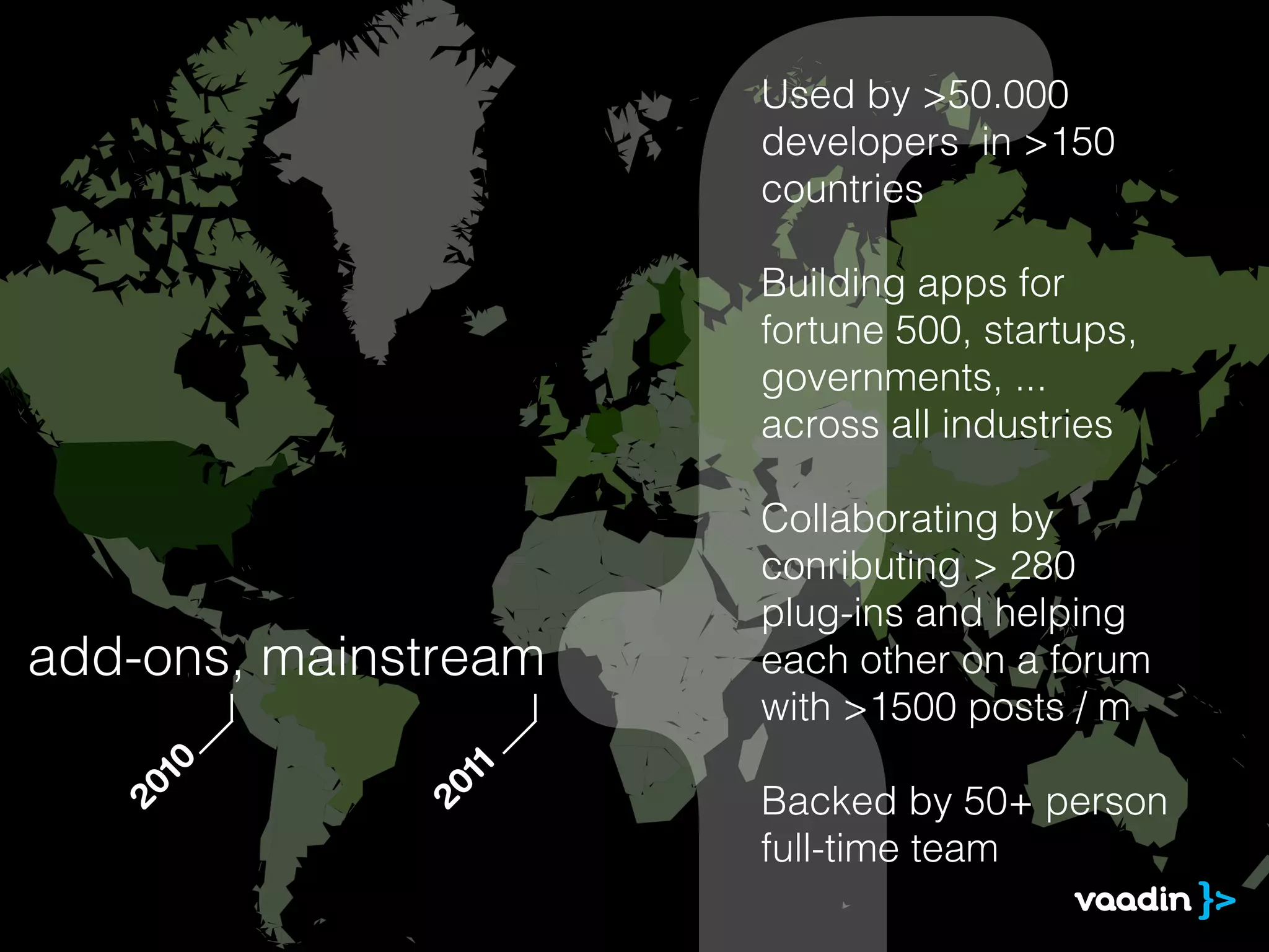 Used by >50.000
                      developers in >150
                      countries

                      Building apps for
                      fortune 500, startups,
                      governments, ...
                      across all industries

                      Collaborating by
                      conributing > 280
                      plug-ins and helping
add-ons, mainstream   each other on a forum
                      with >1500 posts / m
    10




               11




                      Backed by 50+ person
   20




              20




                      full-time team
 