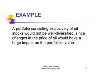 EXAMPLE

A portfolio consisting exclusively of oil
stocks would not be well-diversified, since
changes in the price of oil would have a
huge impact on the portfolio’s value




                  (c) ECI Risk Training
                 www.ecirisktraining.com      19
 